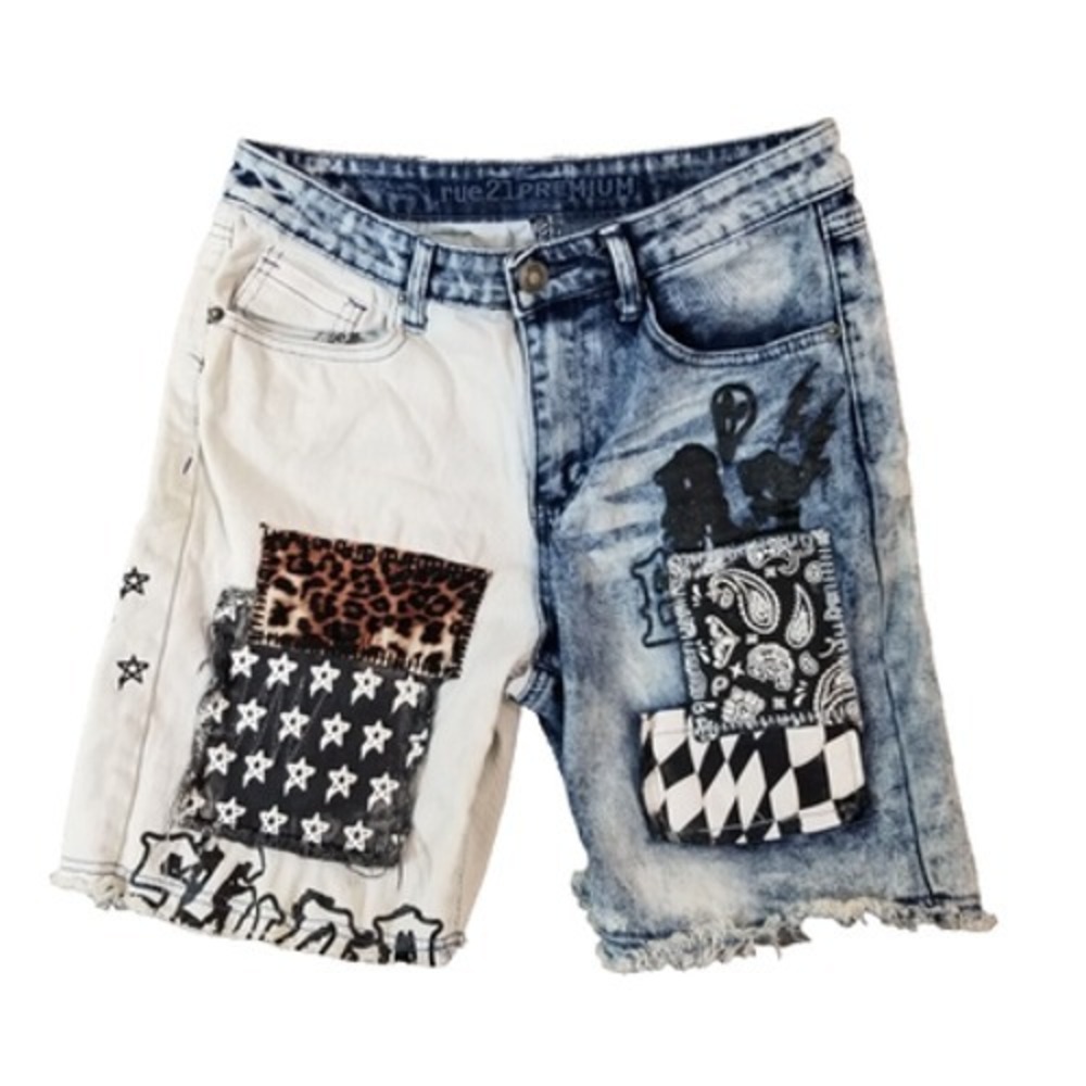 Rue 21 Shorts men's 28x8 blue denim cutoff embellished Y2K Flex stretch